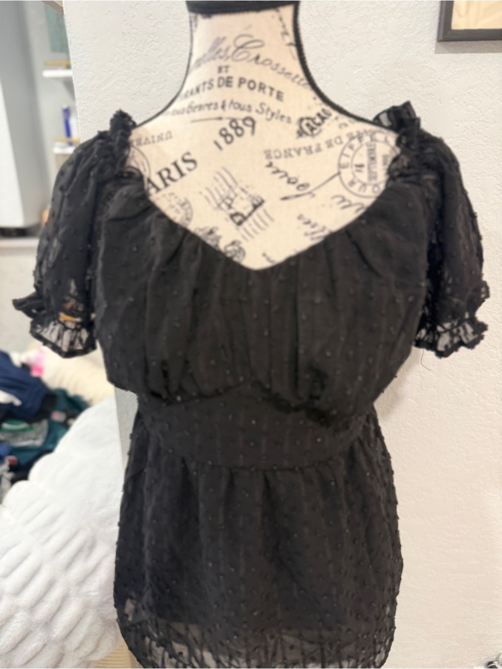 Maacie Black Swiss Dot Maternity Milkmaid Top Short Puff Sleeve Lined Medium M - Picture 4 of 9
